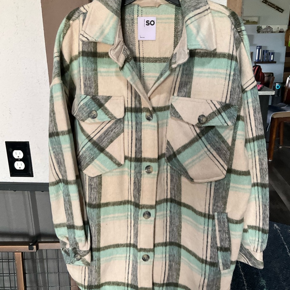 SO Mint Green and Cream Plaid Utility Shacket